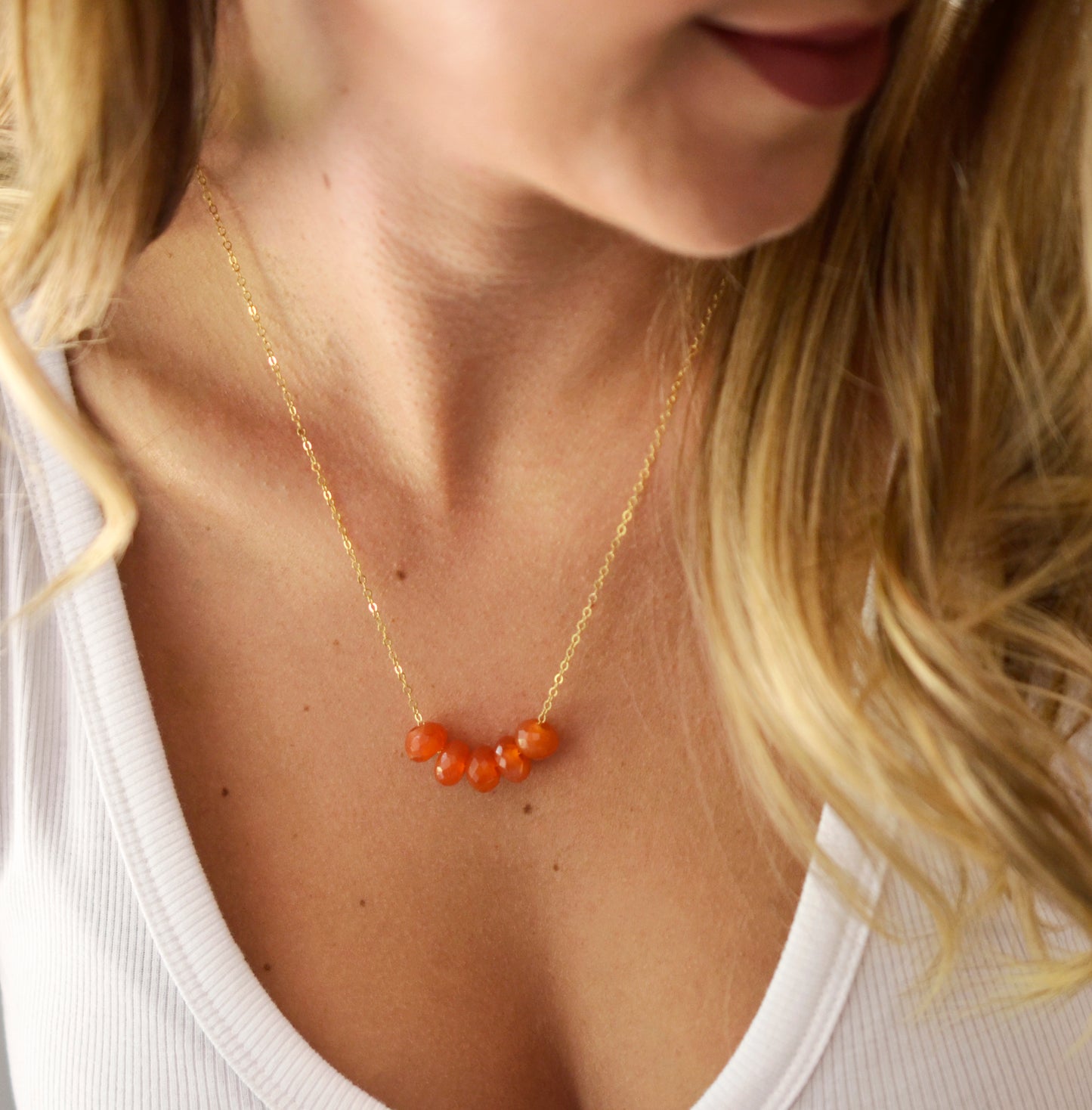 Five Stone Carnelian Necklace in Sterling Silver or Gold Filled