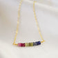 Multi color sapphire necklace. Blue, pink, green, yellow sapphires arranged into a bar pendant. Made in Sterling Silver or Gold Filled.