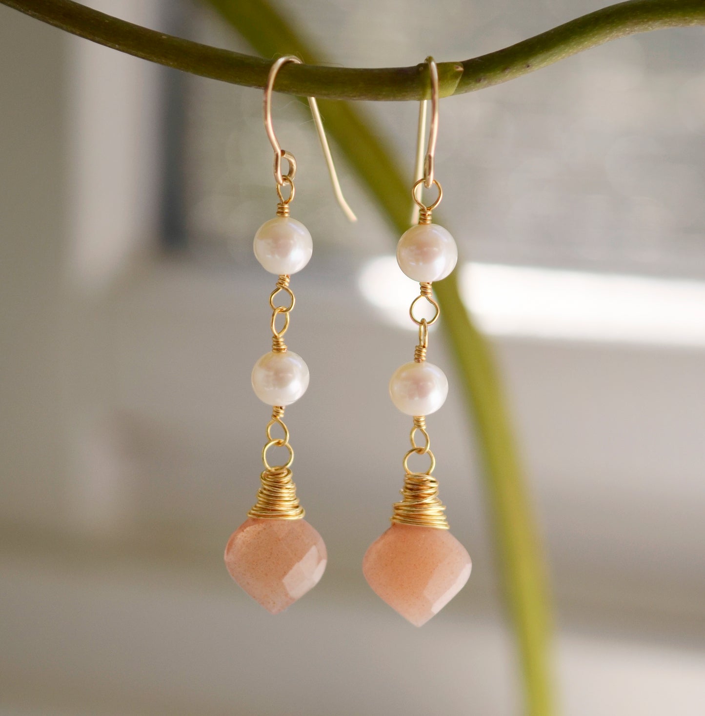 Peach Moonstone and Pearl Dangle Earrings