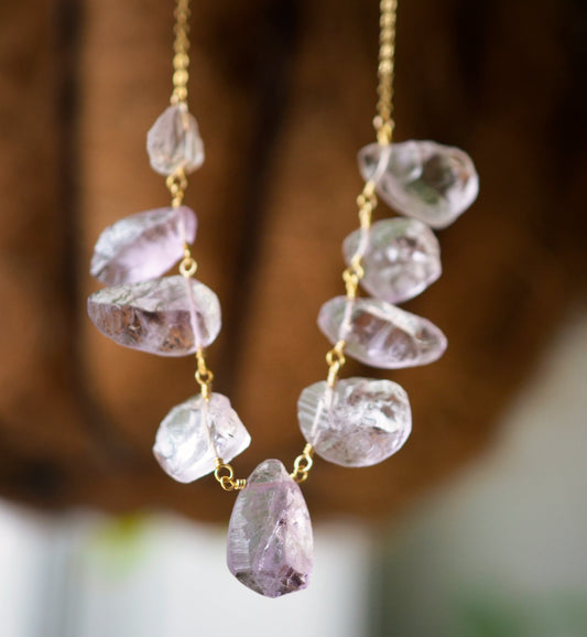 large amethyst necklace, raw pale purple amethyst crystals, gold, sterling silver, raw