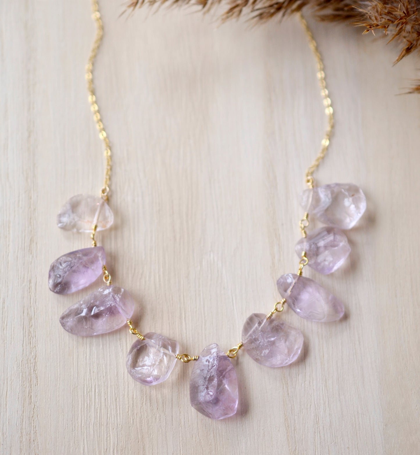 large amethyst necklace, raw pale purple amethyst crystals, gold, sterling silver, raw