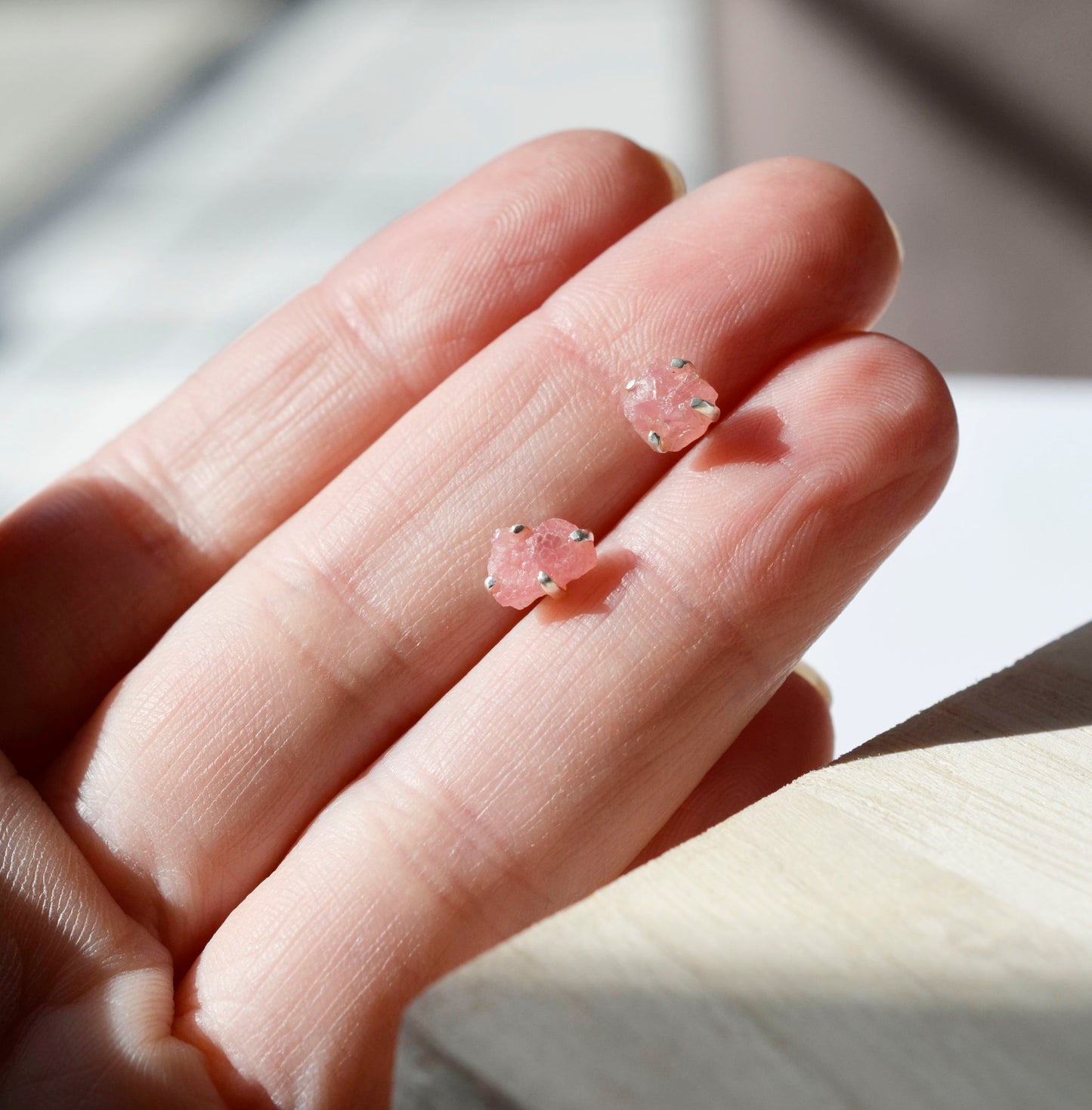 Rhodochrosite Earrings - Sterling Silver - Pink Rhodochrosite Studs - Raw Crystal Earrings - Small Stone Posts - Rhodochrosite Jewelry