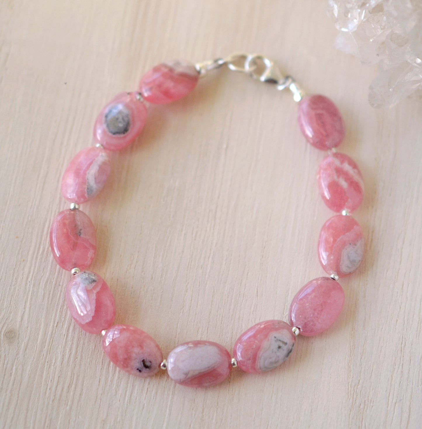 Pink Rhodochrosite Bracelet, Smooth Polished Pink, gray, white gemstones