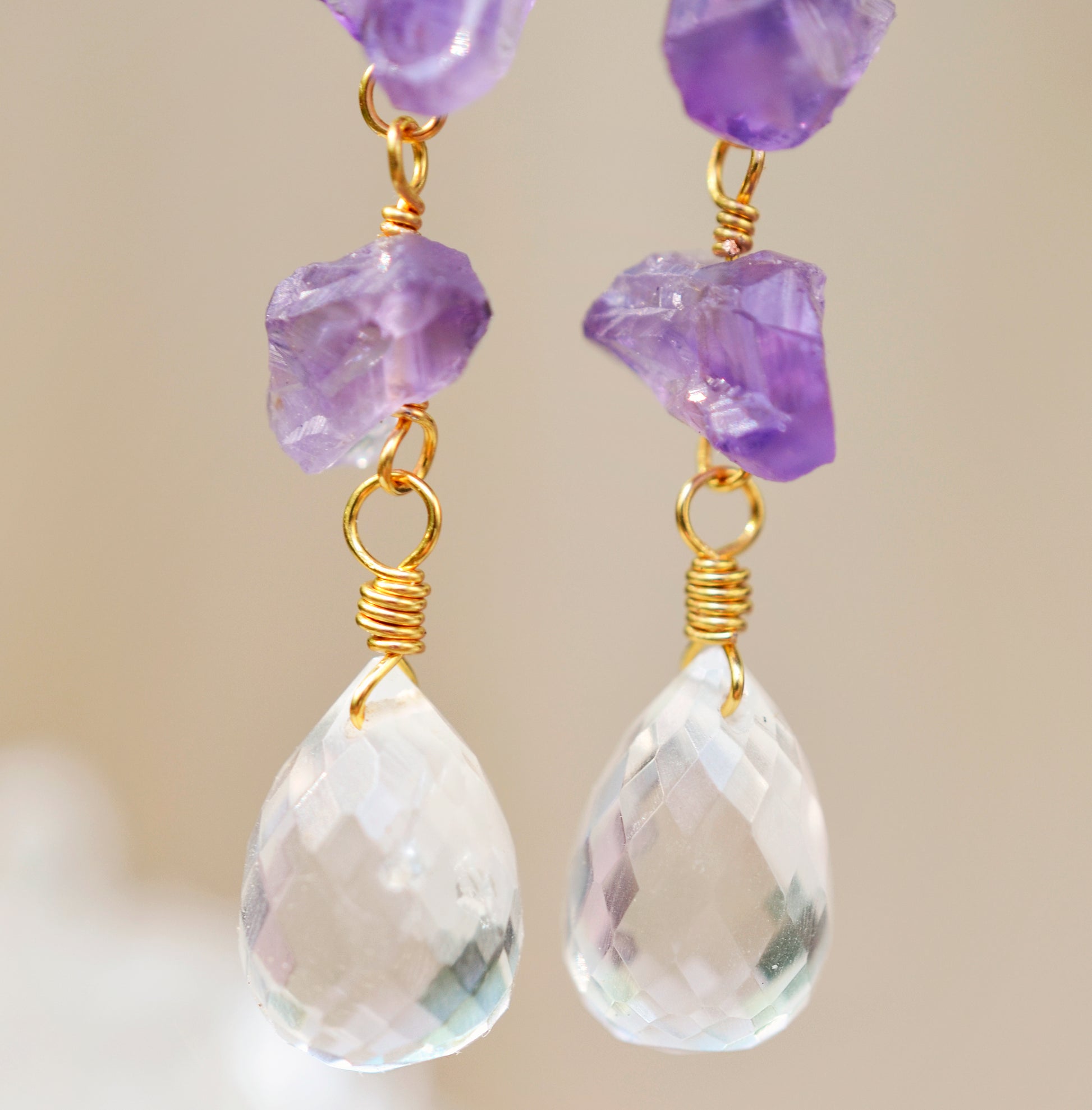 Raw Amethyst and Crystal Quartz Earrings, 14k Gold Filled or Sterling Silver, Natural Crystal Gemstone Dangles, February Birthstone Jewelry
