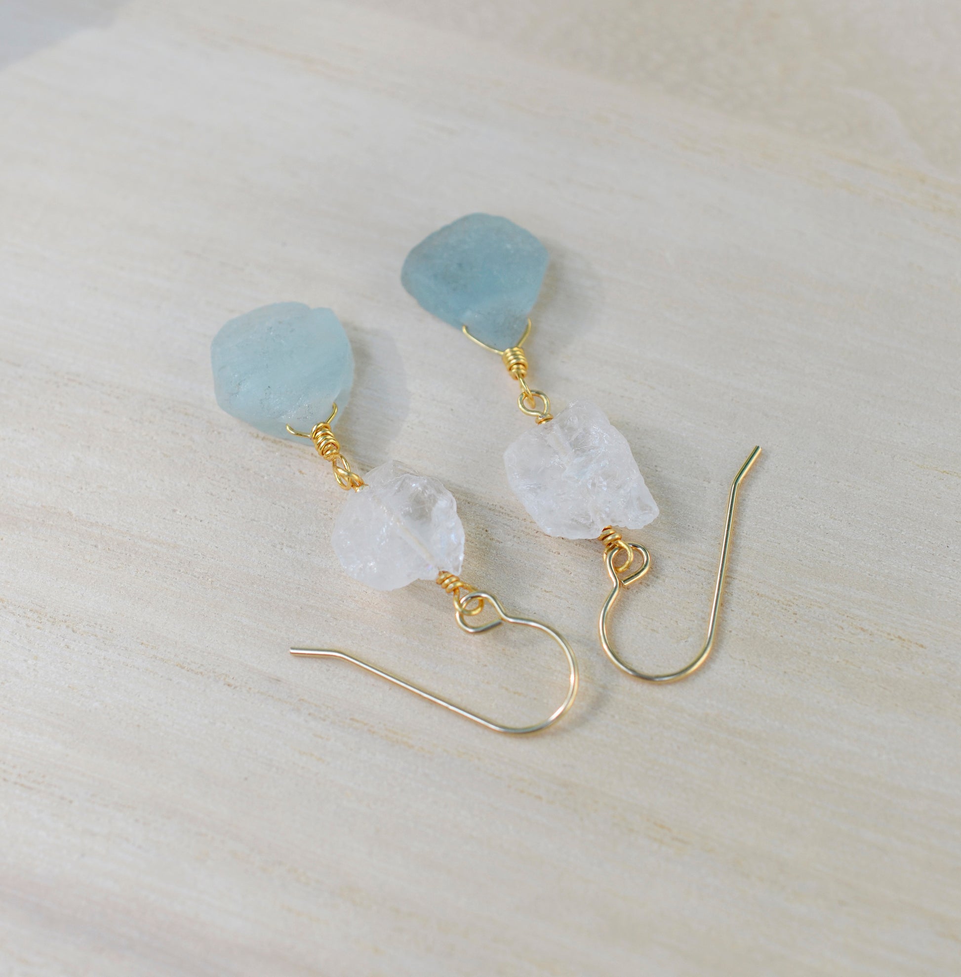 Aquamarine and Crystal Quartz Earrings, 14k Gold Filled or Sterling Silver, Natural Gemstone Dangles, March Birthstone, Crystal Drops, Raw Stone Earrings