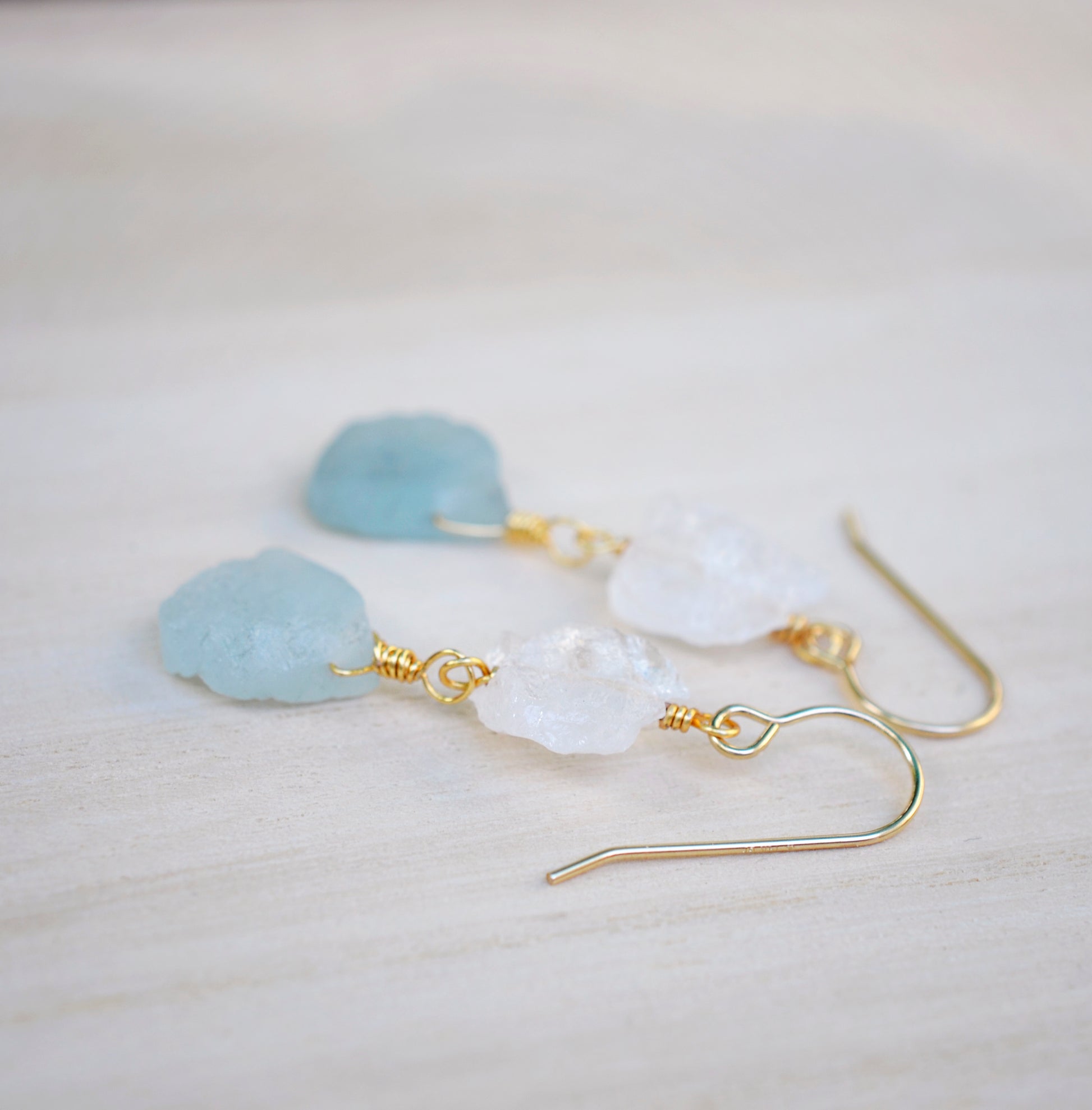 Aquamarine and Crystal Quartz Earrings, 14k Gold Filled or Sterling Silver, Natural Gemstone Dangles, March Birthstone, Crystal Drops, Raw Stone Earrings