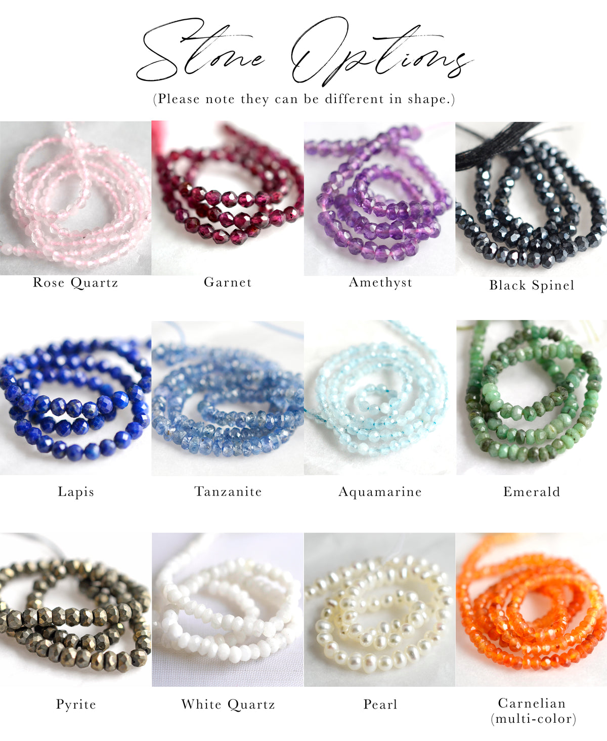 Natural crystal stone options for our handmade beaded Willow bracelet.