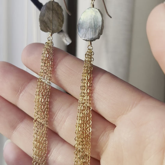 Labradorite Chain Tassel Earring, Sterling Silver or 14k Gold Filled, movie
