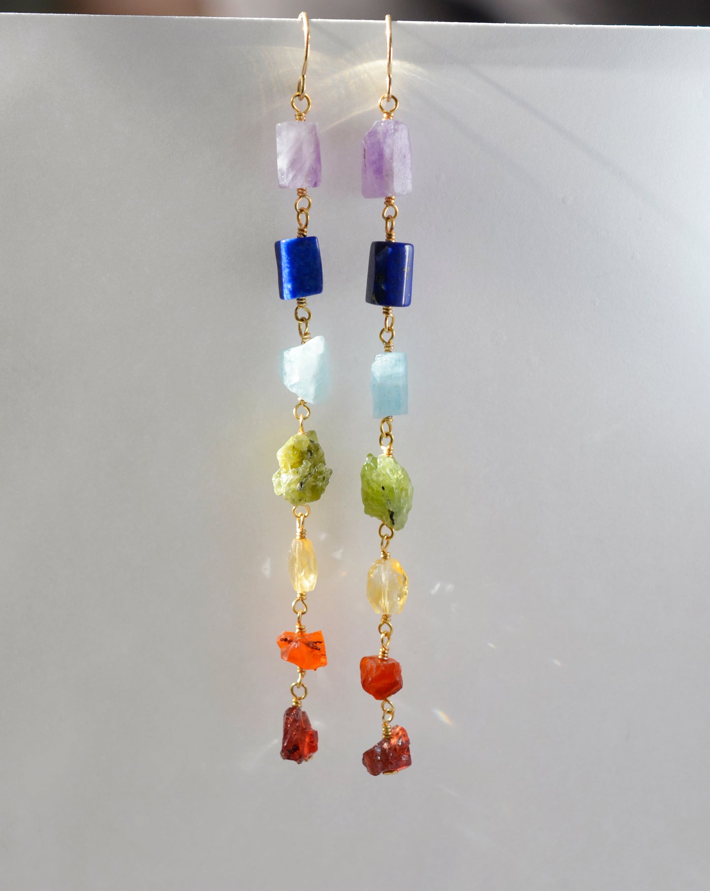 chakra earrings, gemstone chakra, rainbow jewelry, pride earrings, gold, silver