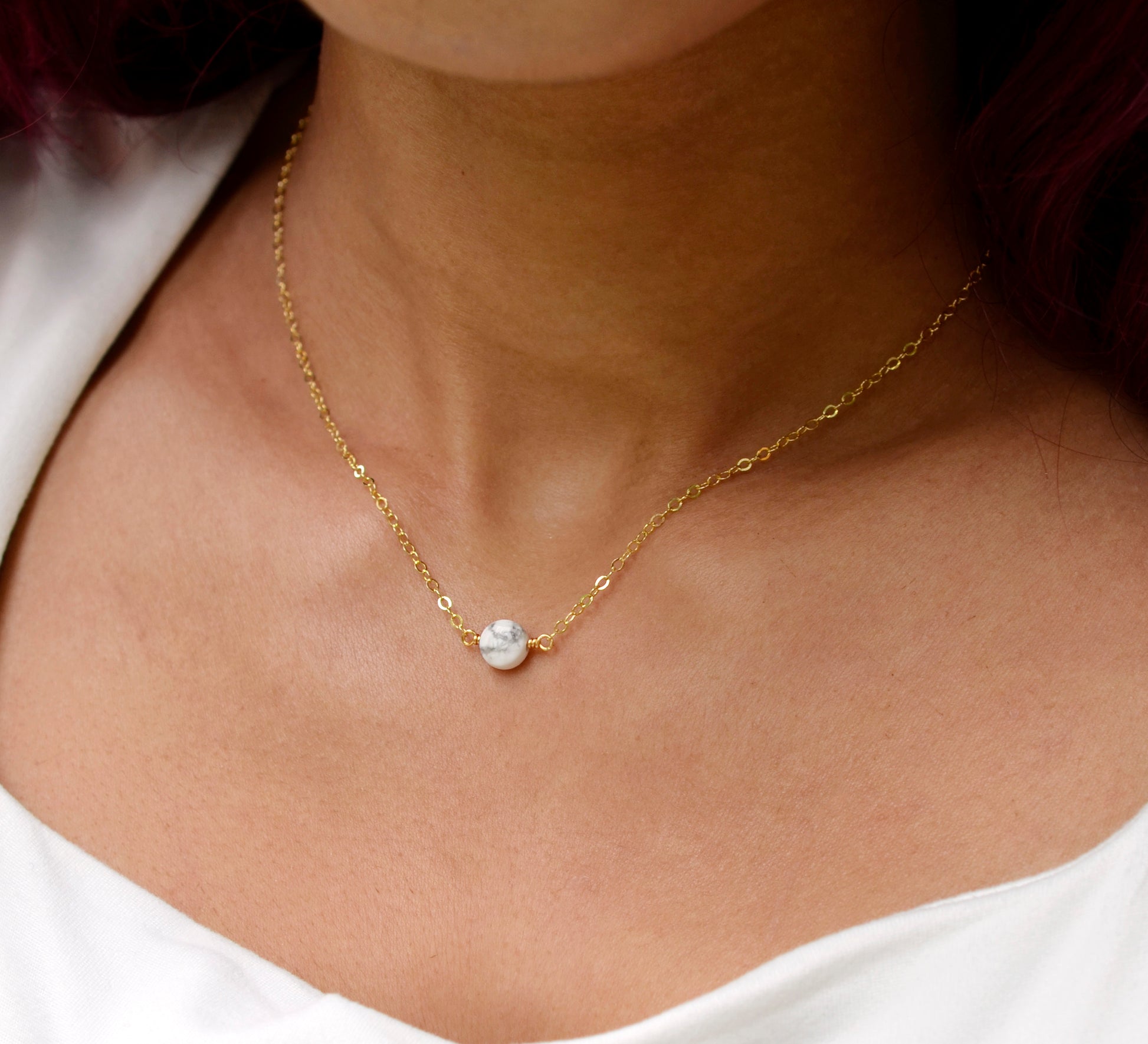 Natural White Howlite Necklace in gold or silver.