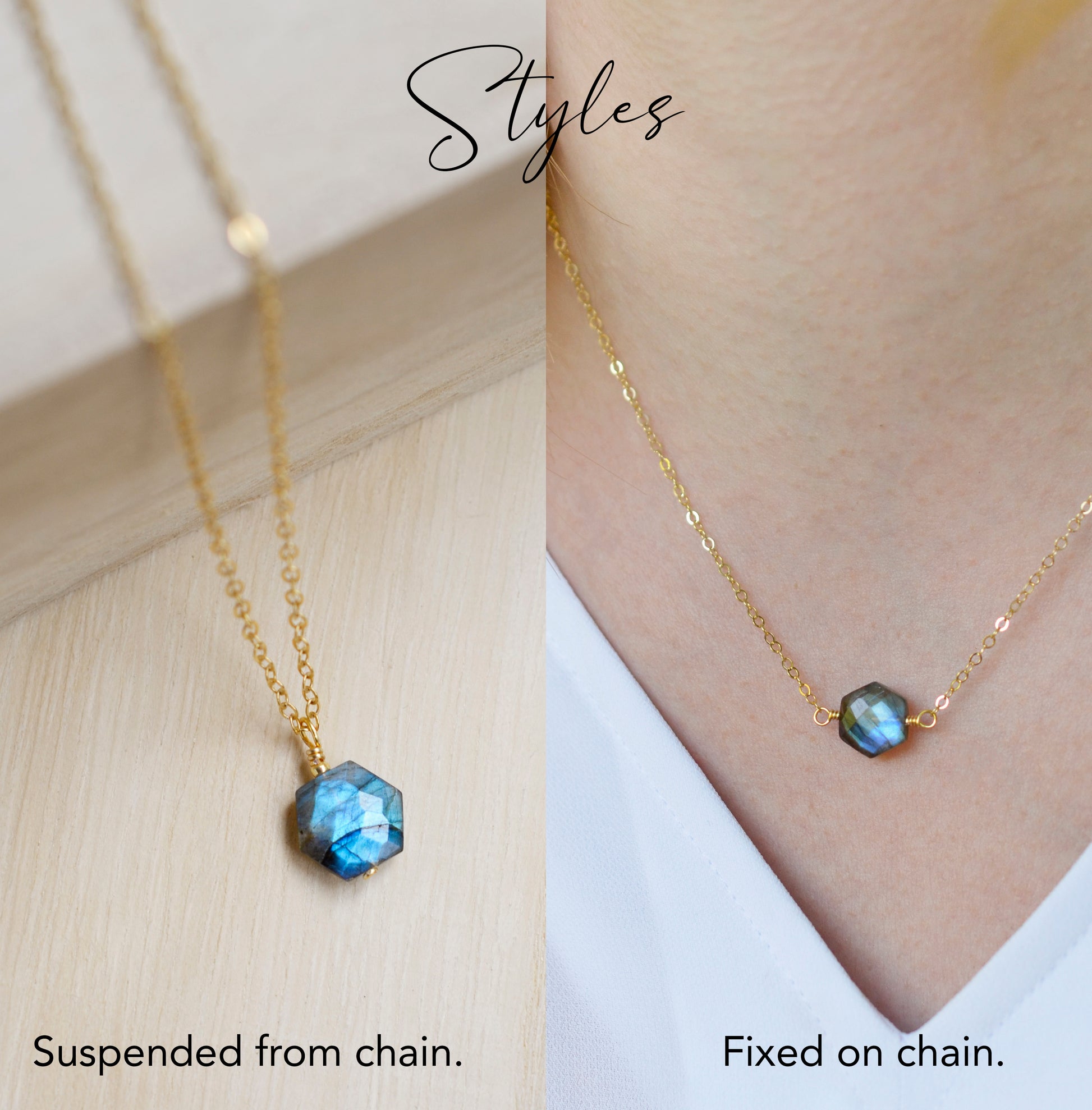 Blue flashing labradorite pendant cut into a hexagonal shape and suspended onto a gold chain. Two different styles shown.