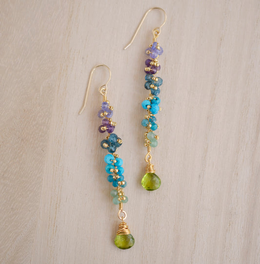 Multi Color Gemstone Long Bar Earrings, tanzanite, amethyst, topaz, turquoise, apatite, aventurine, peridot